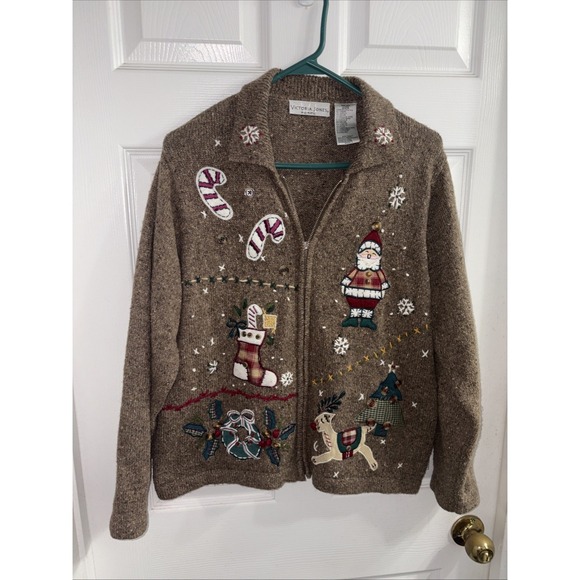 Vintage 90s Victoria Jones Women's Brown Zip Front Christmas Cardigan Size PXL - Picture 2 of 6